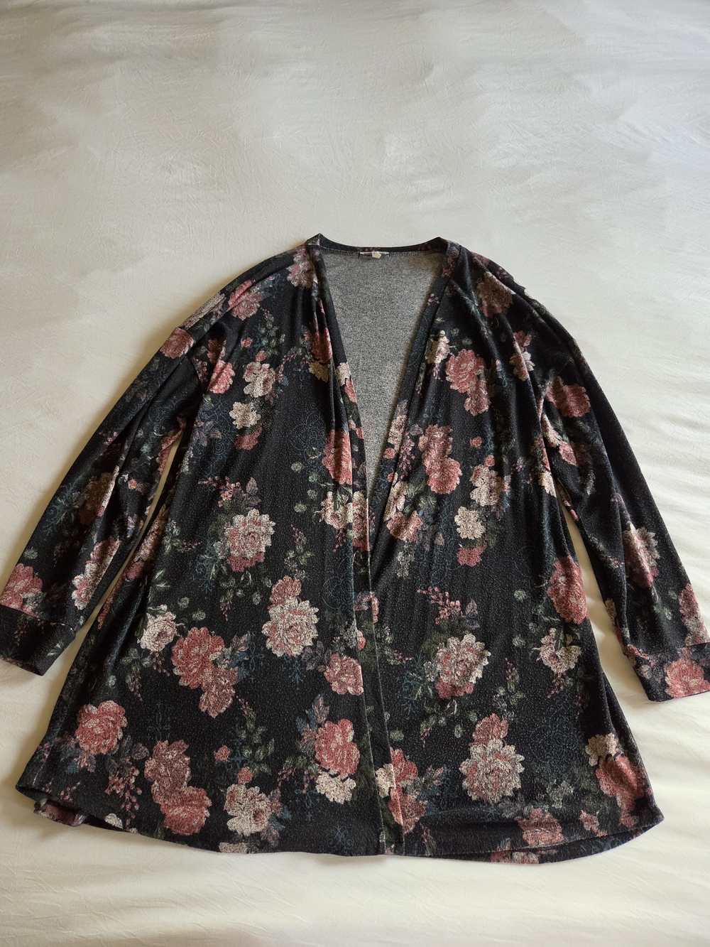 Maurices Black Open-Front Floral Cardigan with Rose Print